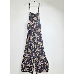 Xhilaration Floral Wide Leg Jumpsuit Overalls Black Pink Boho Size Medium